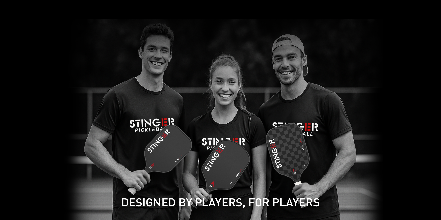 Three people holding Stinger pickleball paddles with a blurred background